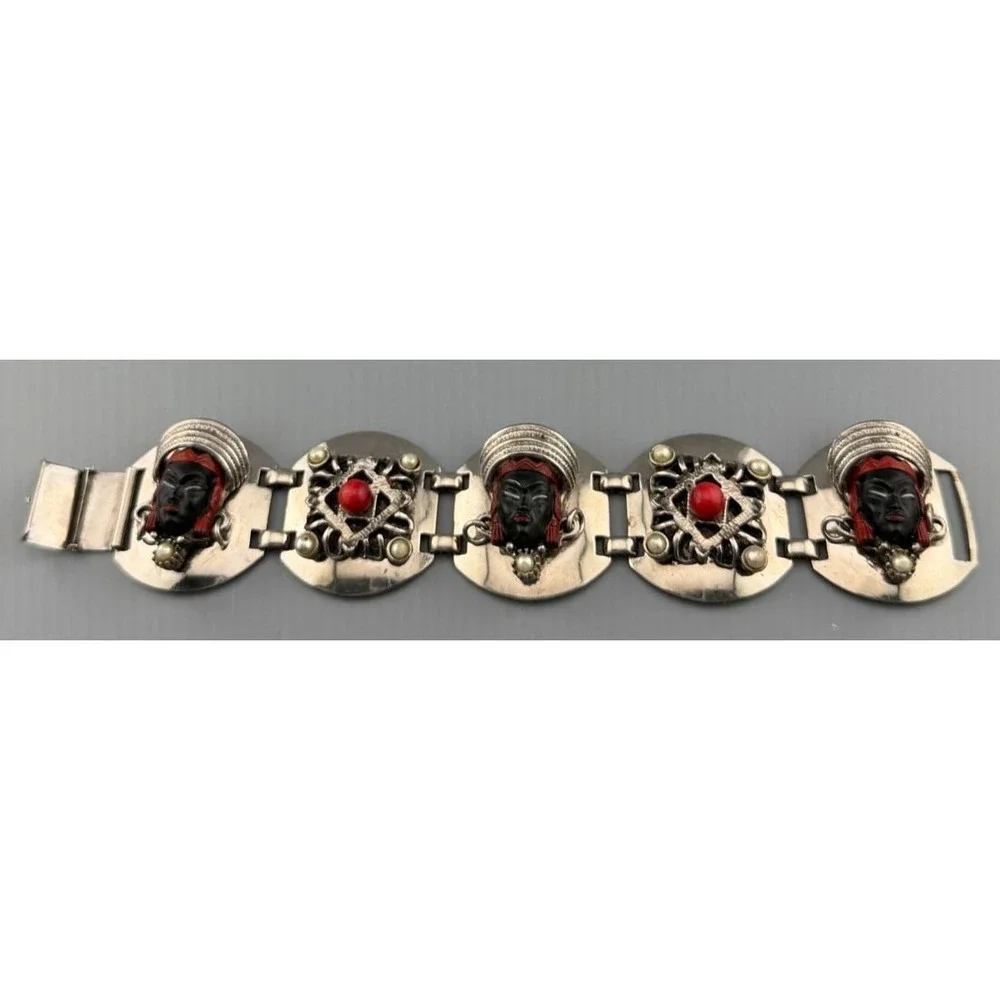 Vintage Mask Link Bracelet Silver Tone Black Face Mask Statement Boho 7.5